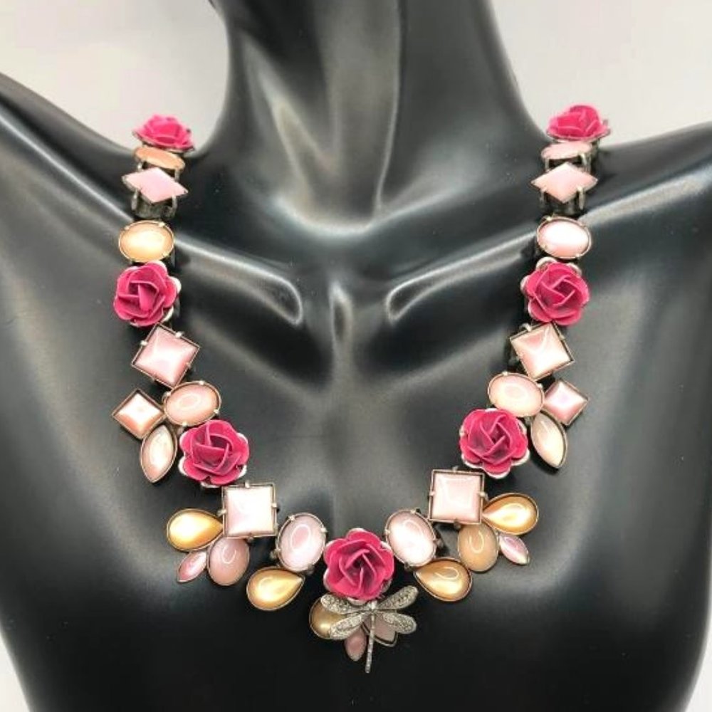 Vintage Mary DeMarco (La Contessa) Antique Silver-Tone & Pink Roses Necklace